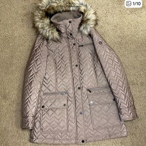 Calvin Klein Dark Beige Faux Fur Hood Quilted Coat Size S/P